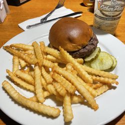 The Other Place - Ankeny - Build Your Own Burger, Medium cooked, w/pickles, fries, and Lemonade.