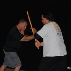 Island Warrior Martial Arts - Instructors Matt Stone (left) & Robert Koenig (right) at a FMA demo to be shown on Oelelo.