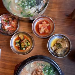Top: Chicken Noodle Soup Middle: banchan  Bottom: Jin Cook Kal Guk Soo