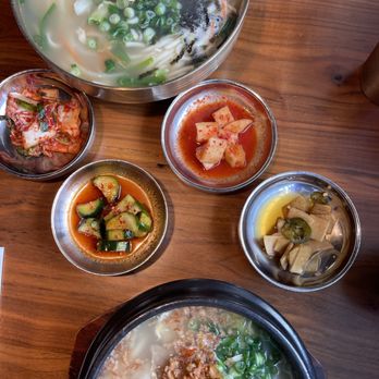 Jin Cook - Top: Chicken Noodle Soup Middle: banchan  Bottom: Jin Cook Kal Guk Soo - Korean Near Me - Buena Park, California