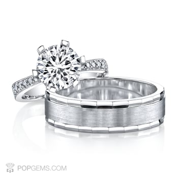 Pop Gems - Remarkable Round Brilliant Cut diamond weighing 2.50 carats on 18k white gold accompanied with 18k white gold men's band. - Jewelry Near Me - Los Angeles, California