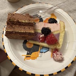 St Roger Abbey - Slices of chocolate fondant and Berry Charlotte cakes.