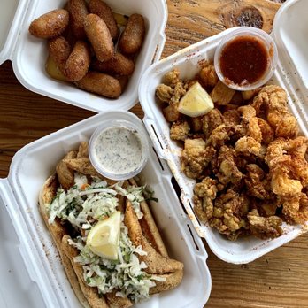 Saltbox Seafood Joint - Combo Flounder roll Hush honeys - Seafood Near Me - Durham, North Carolina Saltbox Seafood Joint - Combo Flounder roll Hush honeys - Seafood Near Me - Durham, North Carolina