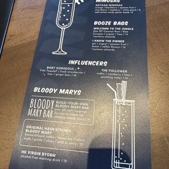 Hash Kitchen - Bar Menu $14 bloody mary or $12 virgin - Breakfast & Brunch Near Me - Draper, Utah