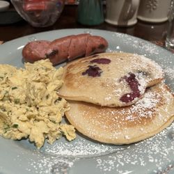 La Maison In Midtown - Freshly cooked breakfast - blueberry pancakes, chicken apple sausage, and deliciously seasoned scrambled eggs