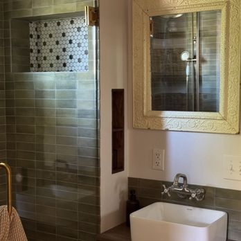 Floorzz - Shower renovation by TJS Dwelling feat SomerTile-Moss Verde 2x6 tile in matte porcelain horizontally stacked and a large shampoo niche - Flooring Near Me - Miramar Beach, Florida
