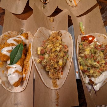 Velvet Taco - L to R: Chicken Tikka, cauliflower, Mexicali shrimp - New American Near Me - Chicago, Illinois Velvet Taco - L to R: Chicken Tikka, cauliflower, Mexicali shrimp - New American Near Me - Chicago, Illinois