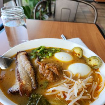 Nourish - Spicy Ramen with Carlton Farms Pork Belly and an extra soft boil organic egg. - Juice Bars & Smoothies Near Me - Eugene, Oregon