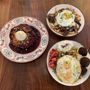 Unconventional Diner - Blueberry Pancakes ($13), French Dip Poutine ($20), Lebanese Fried Rice ($18) w/ Hummus & Falafel ($4). - Breakfast & Brunch Near Me - Washington, DC, District of Columbia Unconventional Diner - Blueberry Pancakes ($13), French Dip Poutine ($20), Lebanese Fried Rice ($18) w/ Hummus & Falafel ($4). - Breakfast & Brunch Near Me - Washington, DC, District of Columbia