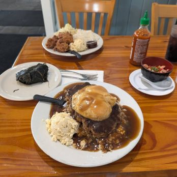 Back Home In Lahaina - Loco moco in forefront. Laulau on left. Lomi salmon on right. Hawaiian fried chicken in back. - Hawaiian Near Me - Carson, California