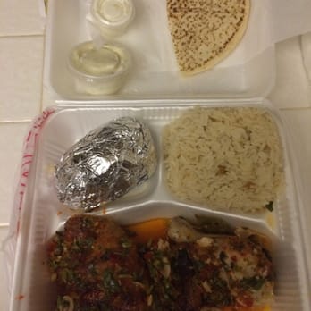 Chicken Maison - Spicy lemon garlic chicken (dark meat), baked potato, Maison rice - Middle Eastern Near Me - Torrance, California Chicken Maison - Spicy lemon garlic chicken (dark meat), baked potato, Maison rice - Middle Eastern Near Me - Torrance, California
