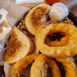 Reuben sandwich $12, added battered dipped onion rings $3.50, and 16oz Blake's hard cider $6 Reuben sandwich $12, added battered dipped onion rings $3.50, and 16oz Blake's hard cider $6