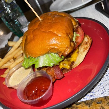 Coconut Cove - a burger and fries on a red plate - Caribbean Near Me - St. Marys, Virgin Islands Coconut Cove - a burger and fries on a red plate - Caribbean Near Me - St. Marys, Virgin Islands