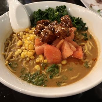 Momosan Waikiki - Spicy Vegan Miso Ramen - Spicy Miso Broth, Fried Tofu, Tomato, Sesame Seed, Chili Oil, Kale, Corn, and Scallions - Ramen Near Me - Honolulu, Hawaii