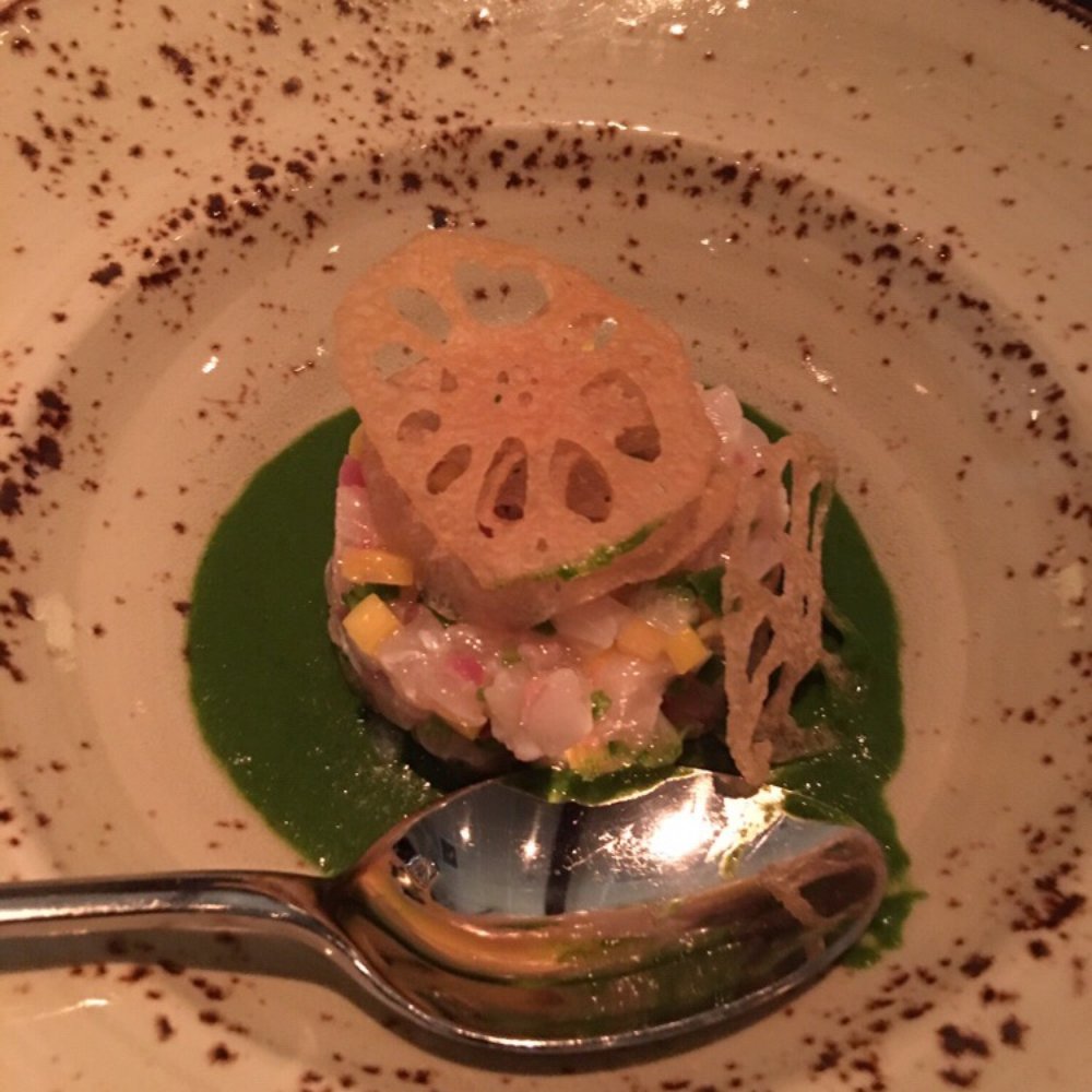 Gemma - Kampachi with Lotus Root chips--so flavorful! - French Near Me - Dallas, Texas