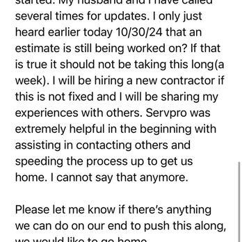 SERVPRO of Worcester - My email part 2 - A mobile phone screenshot showing a lengthy text message about delays in renovation, rental disputes, and appreciation for SERVPRO's assistance. - Damage Restoration Near Me - Worcester, Massachusetts
