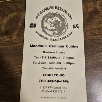 Kuang's Kitchen - Menu - Szechuan Near Me - Portland, Oregon