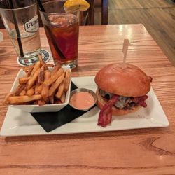 Kenzington Burger Bar - PB&J burger with fries and iced tea