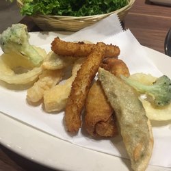 Gangnam Korean BBQ - Tempura broccoli, white onions, egg roll, sweet potato, dumplings, and squid!