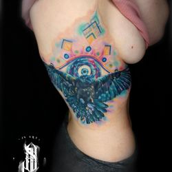Meliodas Tattoo - Watercolor pastel raven evil blue eye tattoo