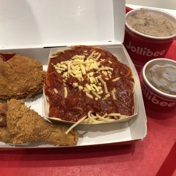 Jollibee - 2-pc Chickenjoy with Jolly Spaghetti and a side of Adobo Rice - Fast Food Near Me - New York, New York