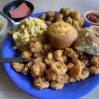 Doc's Seafood Shack & Oyster Bar - Blue Plate special. Popcorn Shrimp, mac and cheese, fried okra and strawberry. Plus a roll and cornbread for only $11.99! - Seafood Near Me - Orange Beach, Alabama Doc's Seafood Shack & Oyster Bar - Blue Plate special. Popcorn Shrimp, mac and cheese, fried okra and strawberry. Plus a roll and cornbread for only $11.99! - Seafood Near Me - Orange Beach, Alabama