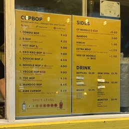 Menu - Menu at Cupbop features Korean-style dishes like B Bop, HOT BOP, and noodle options, with sides, drinks, and prices listed.