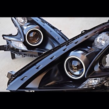 GarageWorks SD - 370z headlights. Metallic gunmetal shrouds, cob halos, black housing. - Auto Customization Near Me