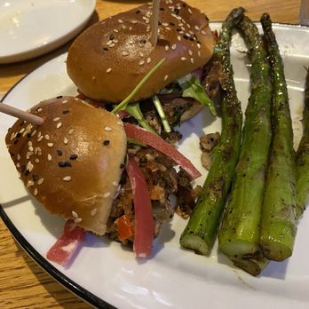 54th Street Scratch Grill & Bar - SCRATCH VEGGIE BURGER with asparagus side - American Near Me - St. Louis, Missouri