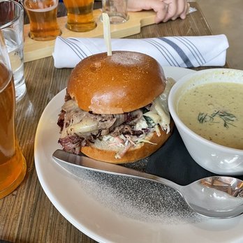 Tank310 - Alberta brisket sandwich with bacon mustard soup and a delicious beer - Brewpubs Near Me - Canmore, Alberta Tank310 - Alberta brisket sandwich with bacon mustard soup and a delicious beer - Brewpubs Near Me - Canmore, Alberta