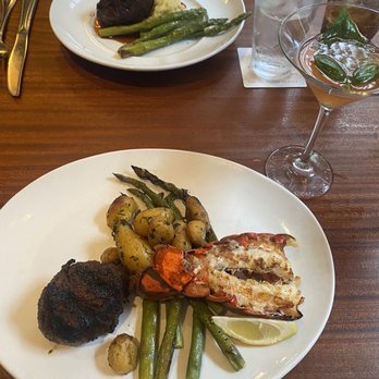 Seasons 52 - Filet Mignon and Maine Lobster Tail Wood - Grilled Filet Mignon Strawberry Basil Martini - New American Near Me - Orlando, Florida