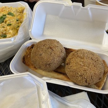 Red's Flavor Table Breakfast Take Out - Salmon Croquettes with bread - Cajun/Creole Near Me - Inglewood, California Red's Flavor Table Breakfast Take Out - Salmon Croquettes with bread - Cajun/Creole Near Me - Inglewood, California