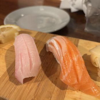 Kuma - fresh nigiri yellow tail & salmon belly pieces - Japanese Near Me - Monterey, California Kuma - fresh nigiri yellow tail & salmon belly pieces - Japanese Near Me - Monterey, California