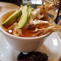 La Tradicional - Sopa Azteca... deliciosa! (The dark item is a chard chili is not burn but the flavor is to be intensified)