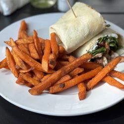 The Black Mountain Bistro - Goat cheese wrap with chicken, sweet potato fries. Wouldn't change a thing. SO good.