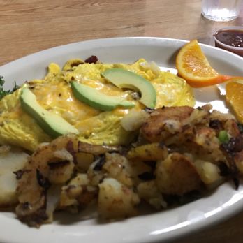 Lemon Grove Cafe - Omelette with bacon, cheese, ditched the tomatoes for onion and comes with avocado on top. - American Near Me - Lemon Grove, California Lemon Grove Cafe - Omelette with bacon, cheese, ditched the tomatoes for onion and comes with avocado on top. - American Near Me - Lemon Grove, California