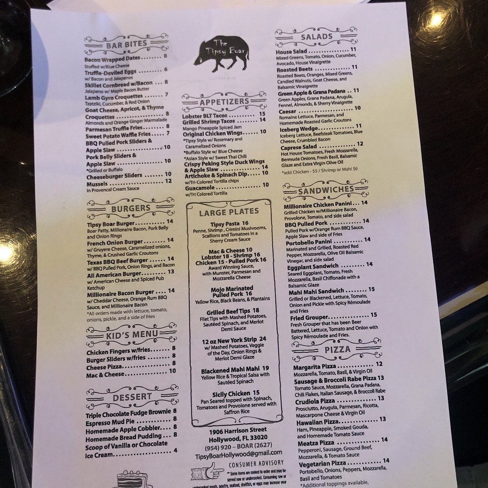 The Tipsy Boar - Menu Side 1 - New American Near Me - Hollywood, Florida The Tipsy Boar - Menu Side 1 - New American Near Me - Hollywood, Florida
