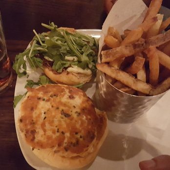 Juniper Bar - Salmon burger with truffle fries - Cocktail Bars Near Me - New York, New York Juniper Bar - Salmon burger with truffle fries - Cocktail Bars Near Me - New York, New York
