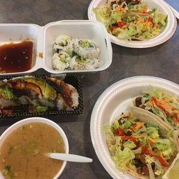 Snake roll, veggie tempura roll, spicy pork, chicken and beef tacos, miso soup. Snake roll, veggie tempura roll, spicy pork, chicken and beef tacos, miso soup.