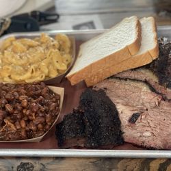Blanchard's BBQ - Smoked Mac N Cheese, Smoked Beans, Brisket Burnt Ends, sliced smoked brisket point, smoked St. Louis cut spare ribs