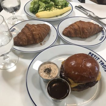 Petit Trois - Big Mec burger with sauces on the side Croissants Omelette - French Near Me - Sherman Oaks, California