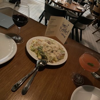 Osteria Elio Volpe - Cosmic apple crisp salad, red wine, and a bellini - Italian Near Me - Vancouver, British Columbia