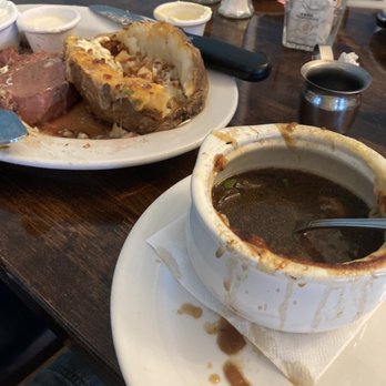 The Library Restaurant & Pub - Rich onion soup and cold baked potato and rare prime rib - Steakhouses Near Me - Indianapolis, Indiana The Library Restaurant & Pub - Rich onion soup and cold baked potato and rare prime rib - Steakhouses Near Me - Indianapolis, Indiana