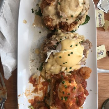 Ruby Slipper Marigny - The Trifecta Benedict: chicken st. Charles benedict, eggs cochon benedict , shrimp boogaloo benedict - Breakfast & Brunch Near Me - New Orleans, Louisiana Ruby Slipper Marigny - The Trifecta Benedict: chicken st. Charles benedict, eggs cochon benedict , shrimp boogaloo benedict - Breakfast & Brunch Near Me - New Orleans, Louisiana
