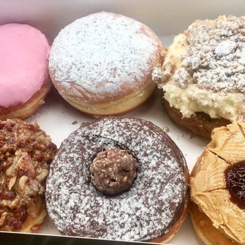 Glaze Donuts - New Milford - Top: Strawberry frosted, Lemon filled, and Blueberry Cheesecake. Bottom: Maple Bacon, Ferrero Rocher, and PB&J. - Donuts Near Me - New Milford, New Jersey