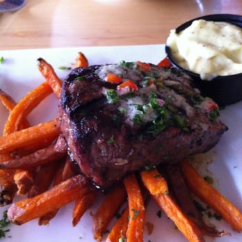 Firefly Restaurant - Steak and Potatoes Small Plate - with sweet potatoes - bottom of stake BURNT! - Tapas/Small Plates Near Me - Traverse City, Michigan