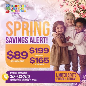 Building Blocks Academy - Spring Enrollment is now open 
A safe and caring place where your child can learn and grow.
Enroll your child today! - Child Care & Day Care Near Me - Houston, Texas