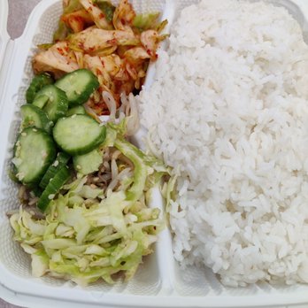 Dong Yang Inn - Box 1 of the Dong Yang Inn Special: Kim chi, cucumber, bean sprouts, shredded cabbage, and white rice - Korean Near Me - Wahiawa, Hawaii