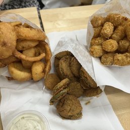 Onion rings, fried pickles, and tater tots. $6 each. Pretty big portions!