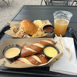 Hop Lot Brewing - Pretzels, pulled pork sandwich, IPA